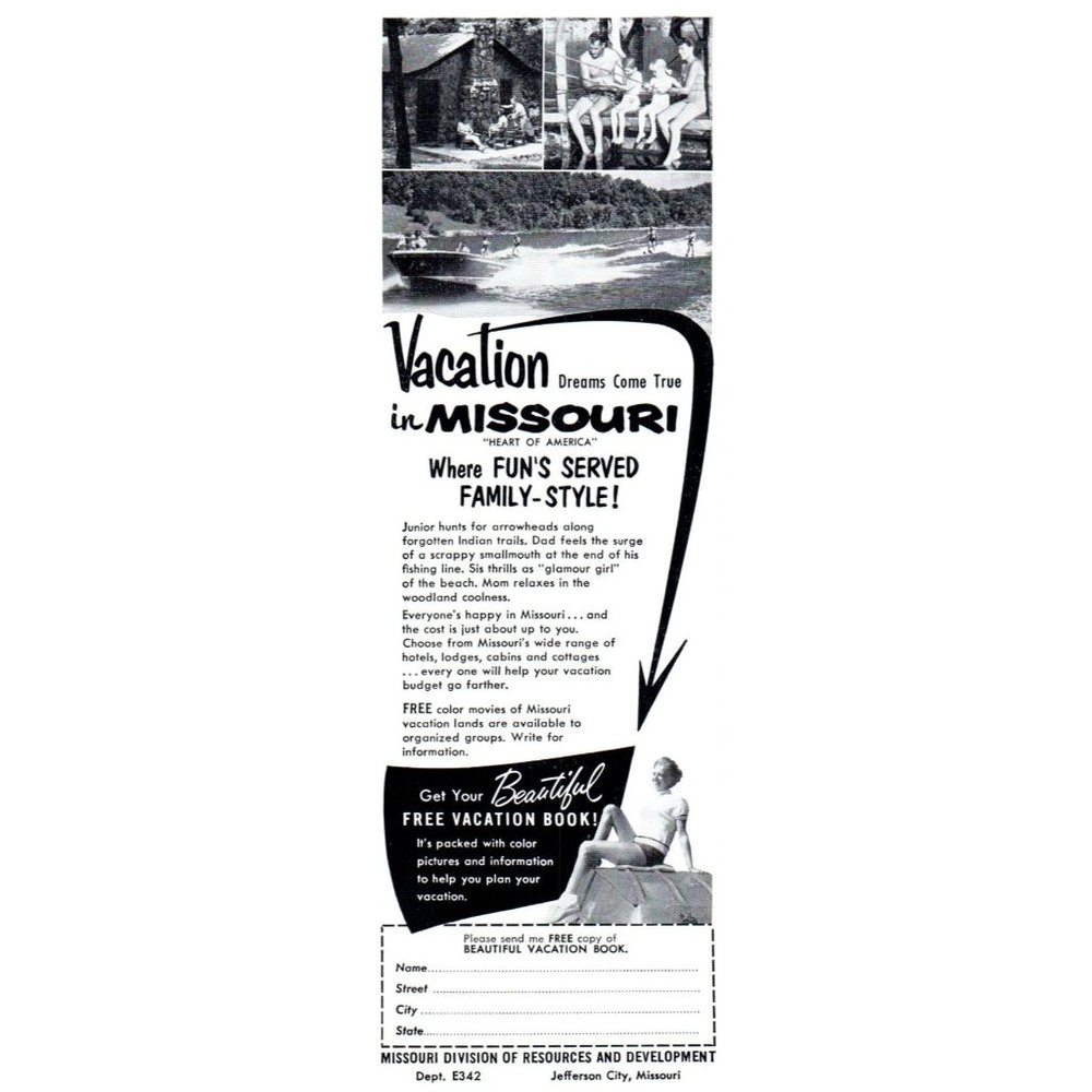 1953 Missouri Vacation Travel Vintage Print Ad Ozarks Water Skiing Cabin Art